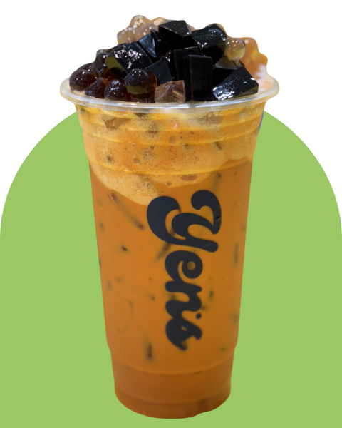 Creamy milk tea with boba pearls served at Yens Thai Soft Serve Ice Cream and drinks shop in Nakhon Sawan, Thailand.