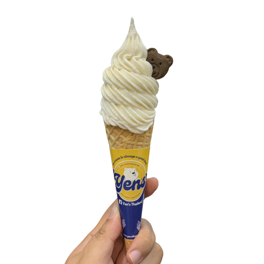 Creamy waffle soft serve ice cream cone from Yens Thai Soft Serve Ice Cream in Nakhon Sawan, Thailand.