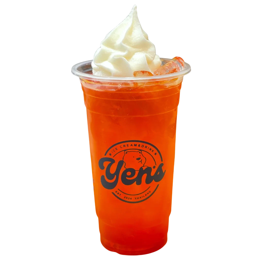 Refreshing strawberry fruit drink with creamy soft serve ice cream served at Yens Thai Soft Serve Ice Cream in Nakhon Sawan, Thailand.